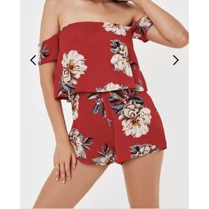 Romper  red floral crepe overlay bardot